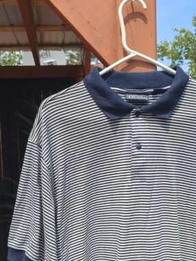 -VINTAGE- Navy and White Narrow-Stripe Polo Size XL